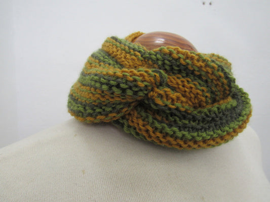 Leaf Green Gold Striped Knit Pure Wool Cowl Scarf