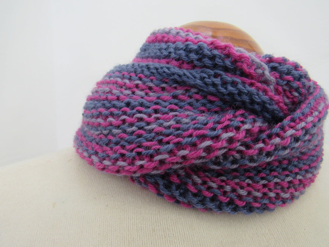 Cherry Pink Purple Striped Knit Pure Wool Cowl Scarf