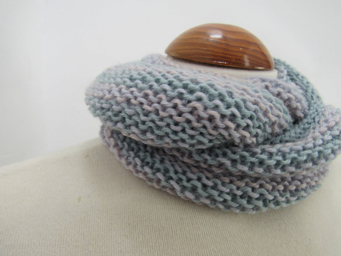 Pale Grey Pink Striped Knit Pure Wool Cowl Scarf