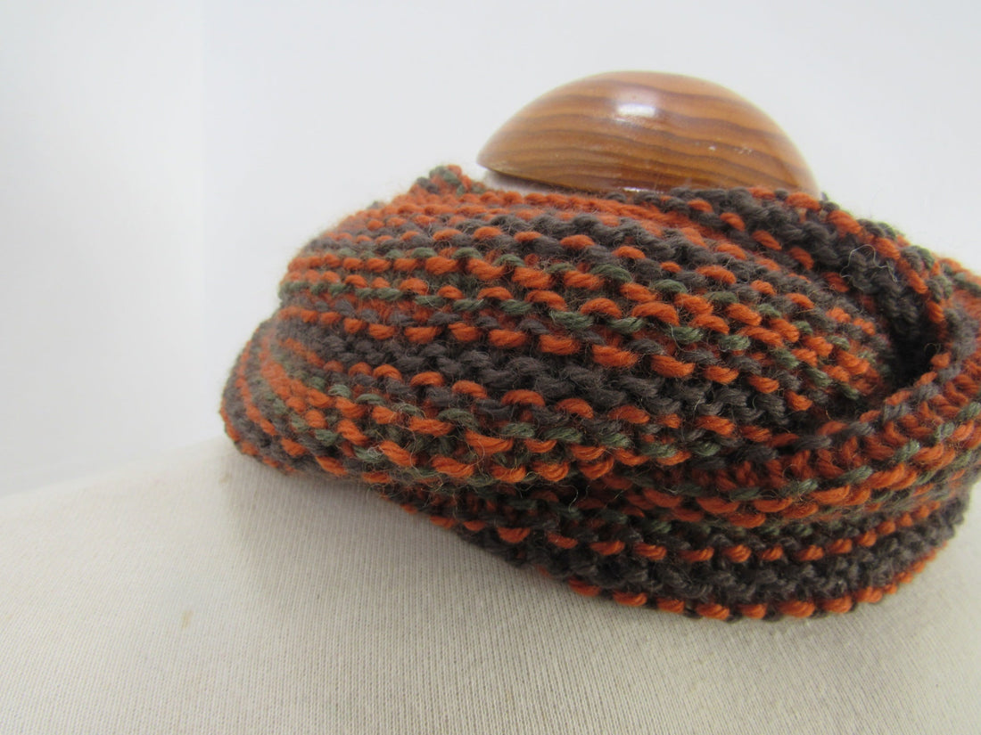 Dark Brown Autumn Orange Striped Knit Pure Wool Cowl Scarf