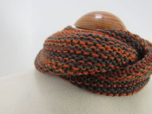 Dark Brown Autumn Orange Striped Knit Pure Wool Cowl Scarf