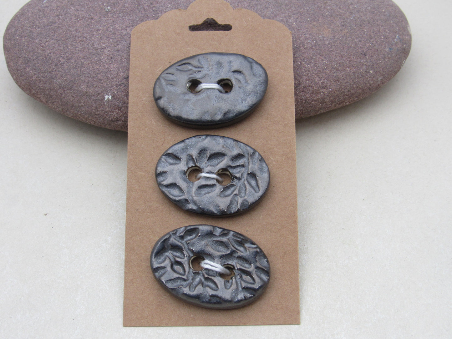 Trio of Medium Oval Sprig Pattern Ceramic Buttons