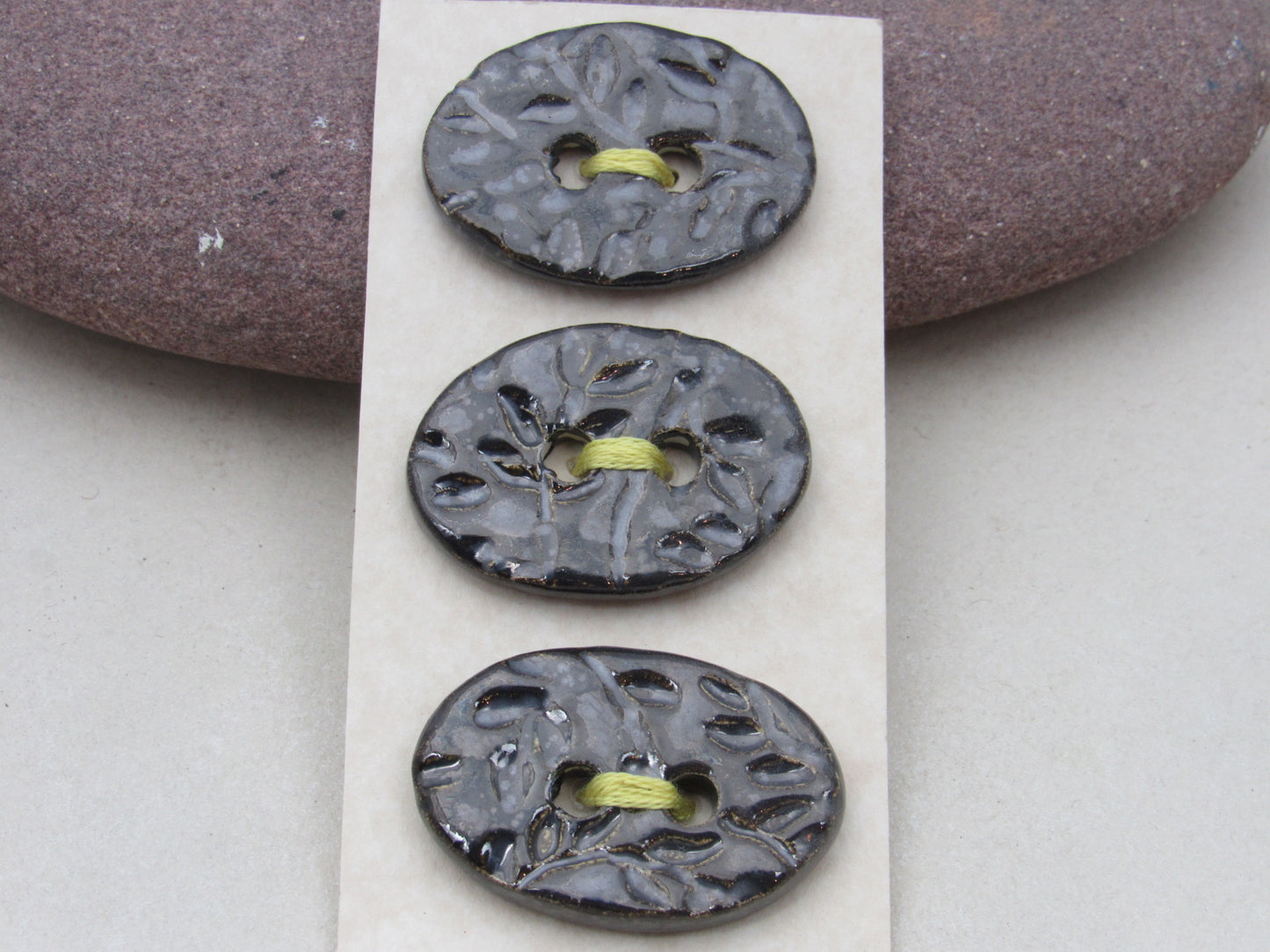 Trio of Medium Oval Sprig Pattern Ceramic Buttons