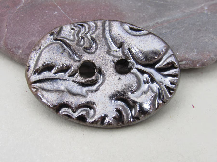 Large Brocade Pattern Oval Handmade Ceramic Button