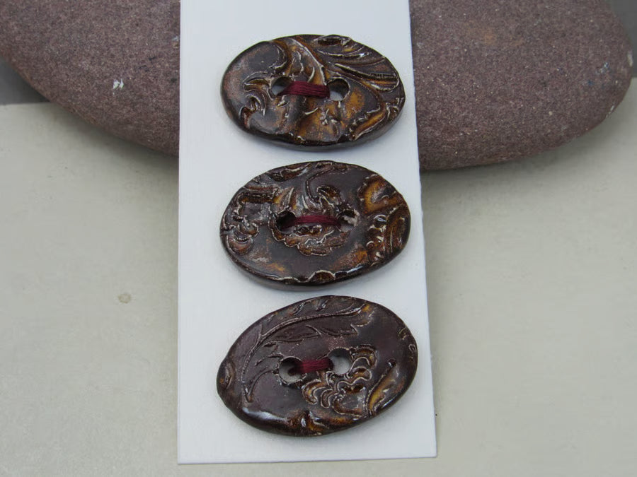 Trio of Medium Oval Brocade Pattern Buttons