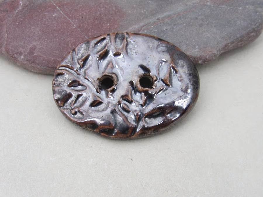 Large Sprig Pattern Oval Handmade Ceramic Button